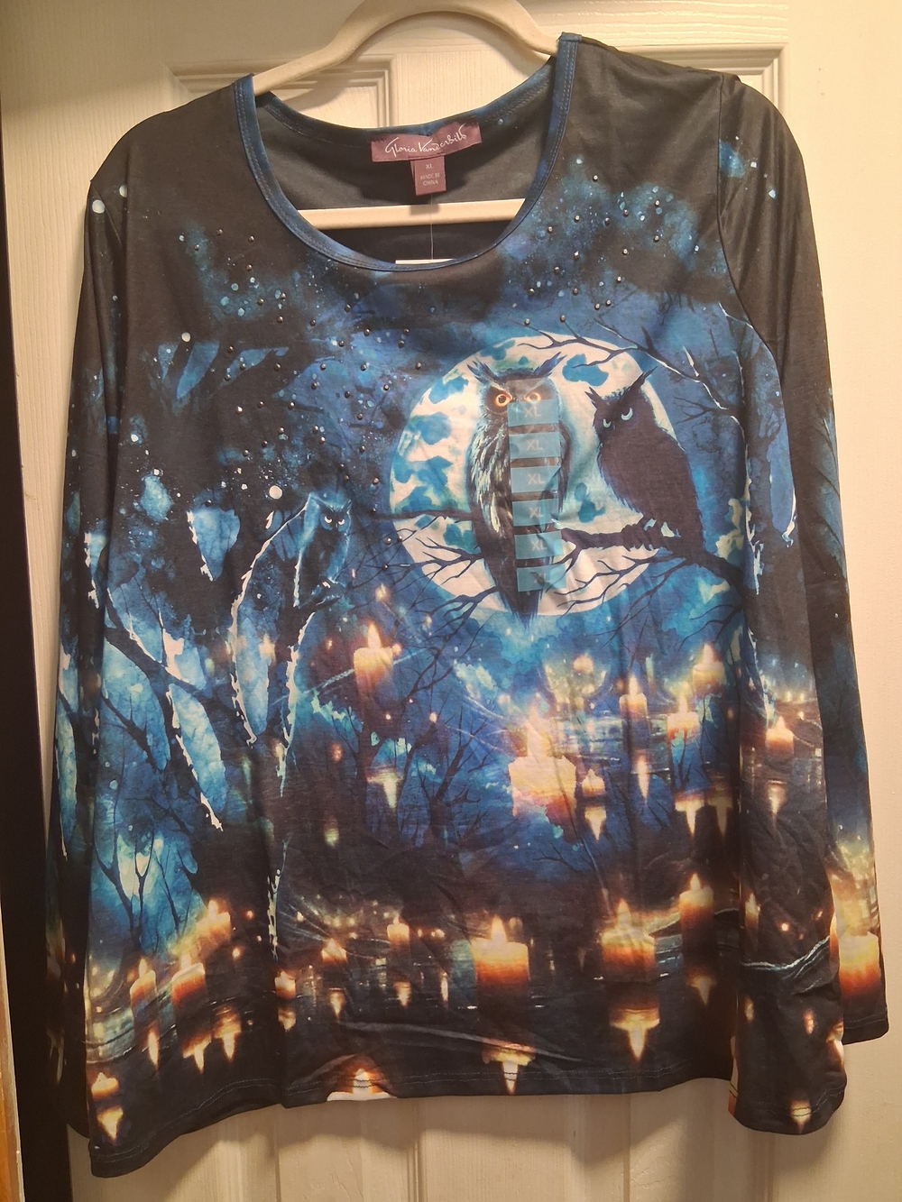 Gloria Vanderbilt Navy and Teal Owl Graphic Long Sleeve Top